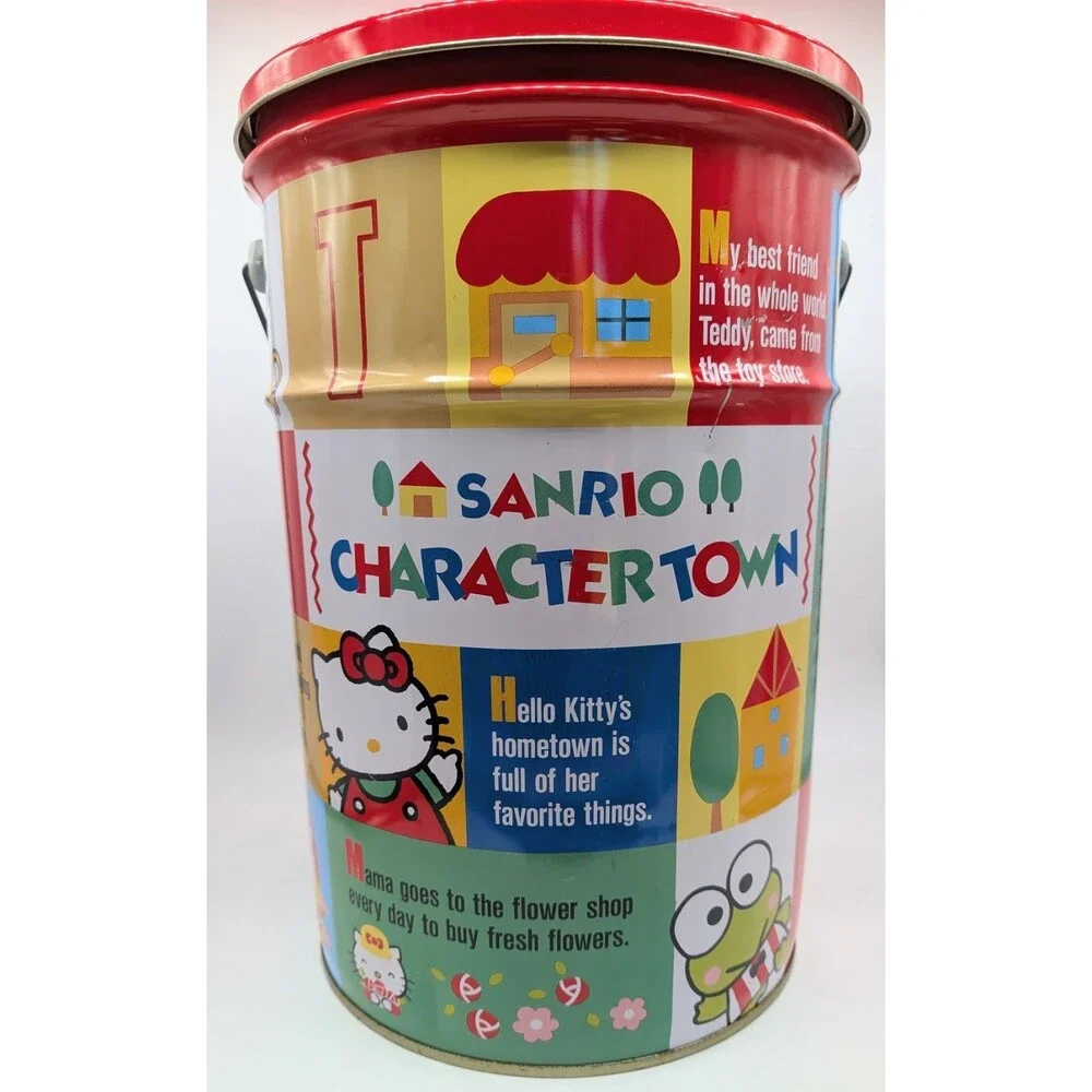 VTG Sanrio Hello Kitty Tin Bucket Pail Character Town With Handle And Lid 1990